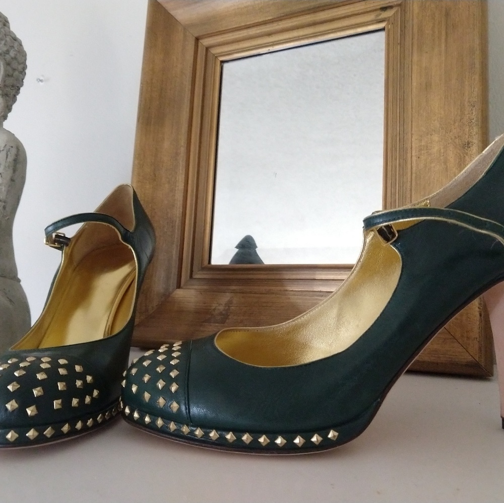 Green studded gold heels maryjane